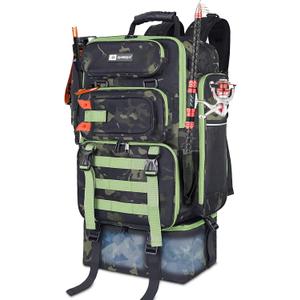 ayamaya Fishing Backpack with Cooler, 45L Tackle Backpack with Rod Holders & Insulated Lunch Bag, Large Outdoor Fishing Bag for 4 Tackle Boxes & Gears