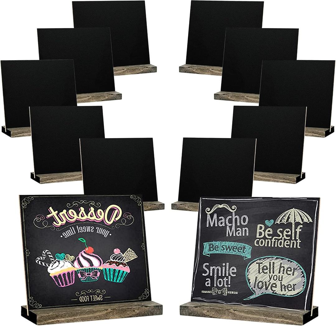 12 Pack Mini Tabletop Chalkboard Sign with Base Stand, 5 X 6 Inch Vintage Wooden, Ideal for Table Numbers, Food Signs, Message Boards, Party Decorations, Event Supplies