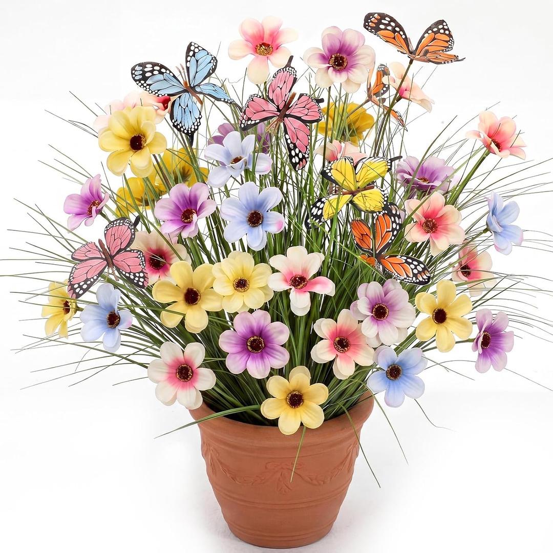 Jexine 4 Pack 20" Artificial Grass Arrangement with Flowers & Butterflies Pre-assembled Fake Plants with Foam Base for Planter Box Vase Pot Indoor Fake Greenery Decor for Home Office Table Centerpiece