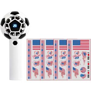 Handheld Mini Fan for World Cup 2026, Soccer Style Mini Fan & Stickers, 5 Speed Handheld Fan with Power Display Flashlight, Football Shaped Holding Fan, American Fan Stickers