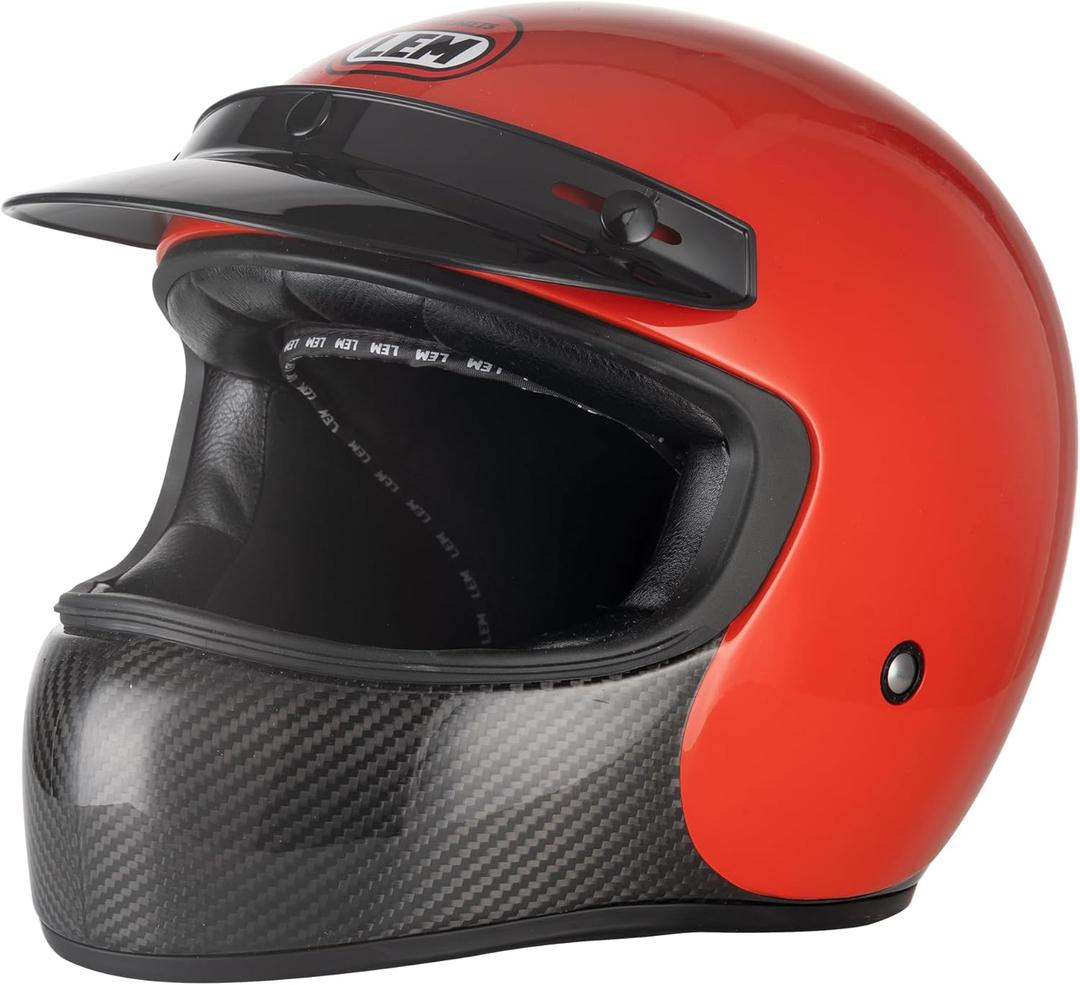 LEM Full Face Motorcycle Helmets Carbon, Classic Retro Helmet DOT for Men Harley Models, Cruiser, Motorcycle Helmet Vintage, Interchangeable Visor, Lightweight Fiberglass Shell (Gloss Red, Size L)