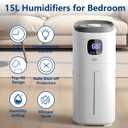 KZF Humidifiers for Bedroom, 15L Large Room Humidifier, 2000 Sq.ft Coverage, 72Hrs Runtime, Top Fill, 26dB Quiet, 3 Mist Levels & Diffuser, Auto Shut-Off, Ready for Baby Nursery Home and Plants