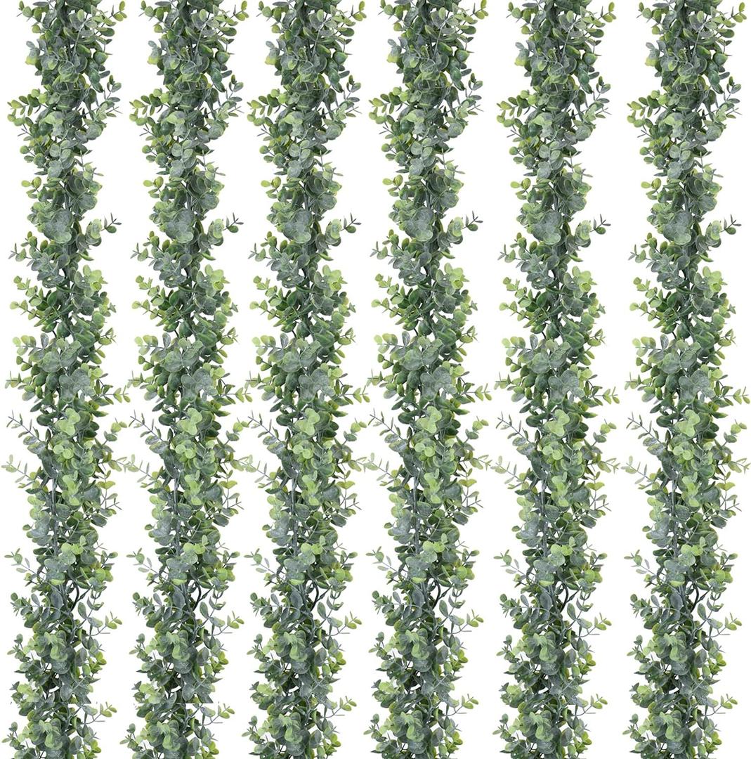 DearHouse 6 Pack Faux Eucalyptus Garland Plant, Artificial Vines Hanging Eucalyptus Leaves Greenery Garland for Wedding Backdrop Arch Wall Decor, 5.9 Feet/pcs UV Protected Indoor Outdoor, 6.01ft