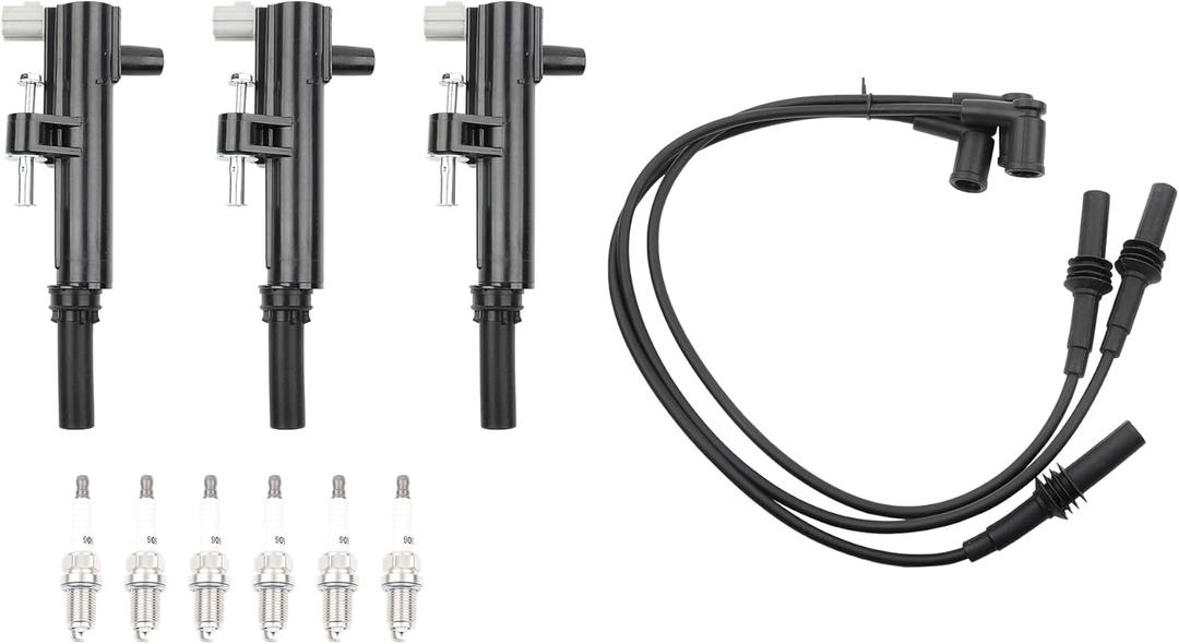 Set of 3 UF640 Ignition Coils Pack And 4504 Iridium Spark Plugs With 27738 Wire Set Compatible With 2009-2012 Dodge Durango Dakota Jeep Grand Cherokee Liberty Ram 1500 V6 3.7L