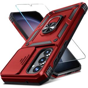 2 x Janmitta Compatible with Samsung Galaxy A35 5G Case Built in Slide Camera Lens Cover+Screen Protector+Finger Ring Holder Kickstand,Heavy Duty Shockproof Full Body Phone Cover,2024 Red