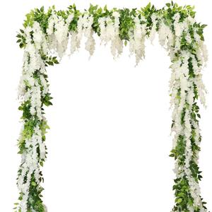 Wisteria Artificial Flowers Garland, 2Pcs Total 14.4ft Silk Faux Wisteria Vine Kit, Hanging Flower Plant for House Outdoor Garden Ceremony Outside Wedding Arch Floral Decor (2, White)