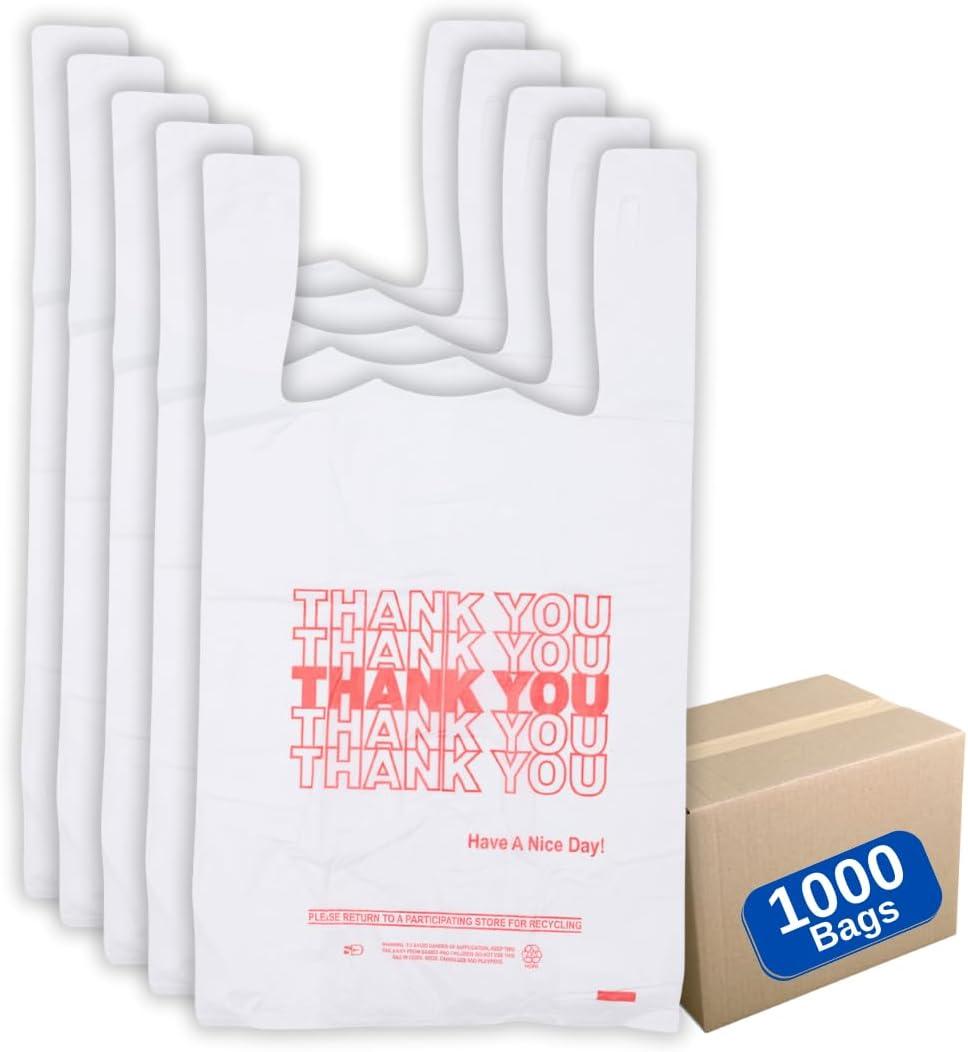 White 'Thank You' HDPE T-Shirt Bags - 1/12 BBL 7"X3.5"X13" - 1000 Bags - 13 microns - White - 10030 - AssurePak
