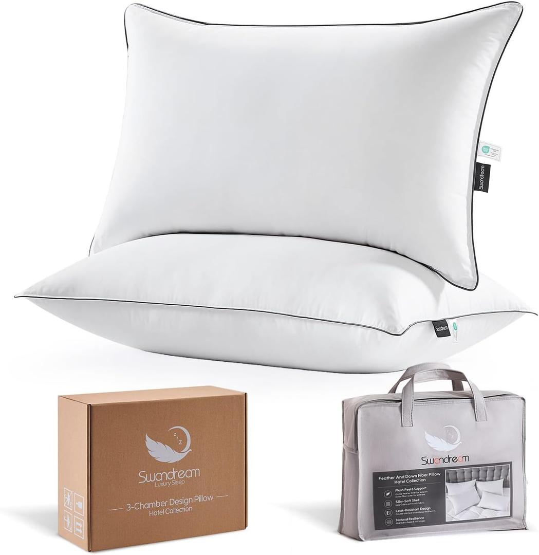 Goose Feather Down Fiber Pillows Standard Size Set of 2, Luxury 3-Chamber Pillows with Soft & Down-Proof Cover, Fluffy Plush Hotel Bed Pillows for Side, Back & Stomach Sleepers, 20"x26"