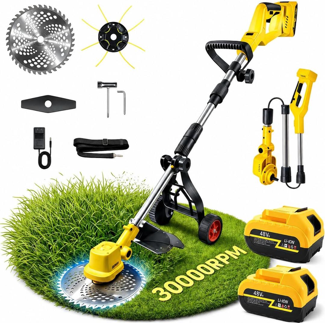 2026 New 30000 RPM Brushless Cordless Weed Wacker with Wheels, 12-Inch Battery Powered Electric Weed Eater, 4-in-1 Grass Trimmer, Brush Cutter, Stringless Weed Trimmer & Lawn Edger (1, Yellow)