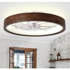 20" Low Profile Flush Mount Wood Fandelier Ceiling Fan with Light
