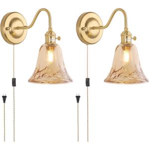 Plug in Wall Sconce Set of 2, Gold Vintage Wall Decor Lights with Amber Morning Glory Glass Shade, Indoor Brass Corded Wall Lamp Fixture for Bedroom Living Room Bathroom Hallway (2 Light Plug in)