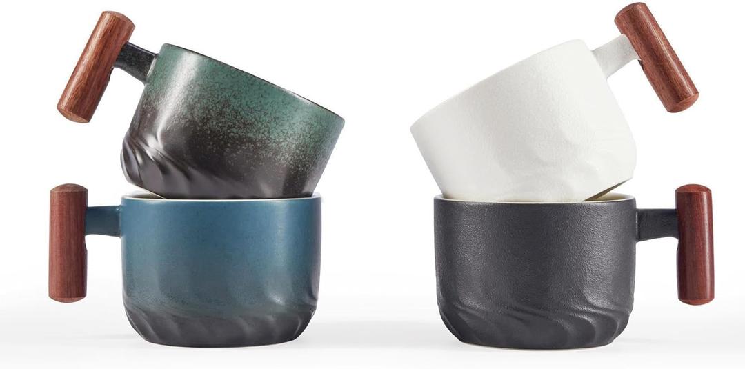 6 Oz Ceramic Espresso Mugs with Wooden Handle, Demitasse Cups for Double Shot Latte Cappuccino Lungo Tea Bag Beverage, Espresso Cups Set of 4 (Multicolor)