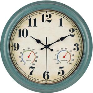 zyzamay 13 Inch Outdoor Clock with Thermometer and Hygrometer, Waterproof and Silent, Large Easy-to-Read Numbers, Ideal for Bedroom, Office, Living Room, Porch, Garden, Pool (Green)