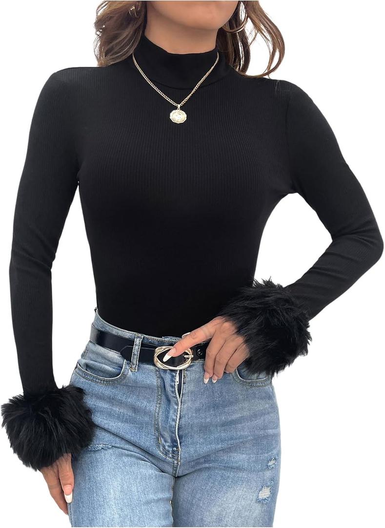 SOLY HUX Women's Fuzzy Mock Neck T Shirt Long Sleeve Fitted Ribbed Knit Tee Tops (Large)