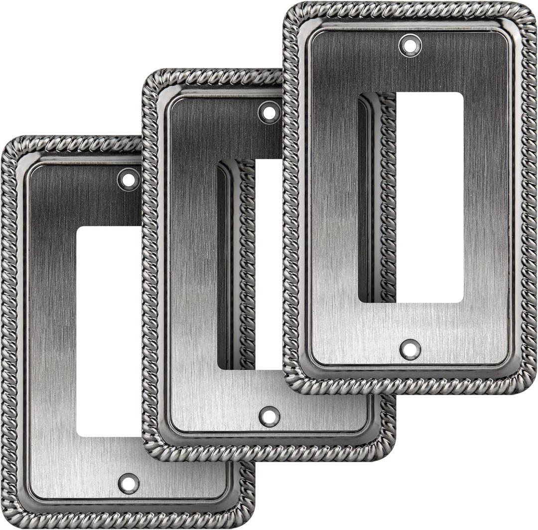 Henne Bery Rope Edge Decorative Wall Plate Switch Plate Outlet Cover (Single Decorator, 3 Pack, Heirloom Silver)