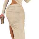 Famnbro Women's Sparkly Cut Out Dresses Wrap Ruched Bodycon High Split Cocktail Party Maxi Dress (Small, Apricot)