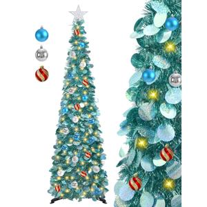 SINTENILL 5 FT Pop Up Christmas Tree with Timer Lights and Decorations, Ice Blue Artificial Tinsel Christmas Tree with 24 Ball Ornaments, Collapsible Pencil Tree for Home, Office, Holiday Party