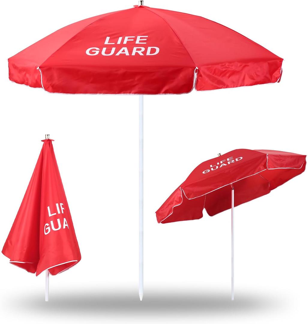 Dansydaisy 1 Pcs Red Lifeguard Beach Umbrella for Sand, 6.6ft Tilt Large Portable Sand Anchor Beach Umbrella UV Protection Adjustable Pole Outdoor Sunshade for Pool Patio