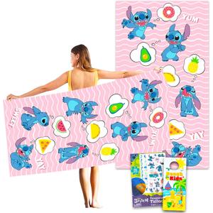 Disney Stitch Beach Towel Set - Bundle with 40" x 72" Lilo and Stitch Microfiber Pool Towel Plus Tattoos and More | Stitch Beach Towel for Kids and Adults