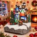 PETAFLOP Christmas Village Houses with Rotating Train, LED Lighted Musical Christmas House Decorations, Resin Xmas Gift for Family Kids Indoor Tabletop Display