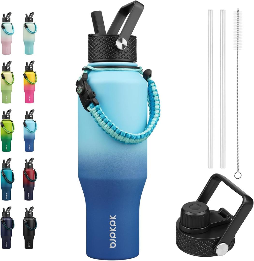 BJPKPK Insulated Water Bottles with Straw Lid, 35oz Metal Water Bottle with 2 lids & Paracord Strap, Double Wall Stainless Steel Tumbler with Handle, Reusable Cups, Mugs, Thermo, Mint