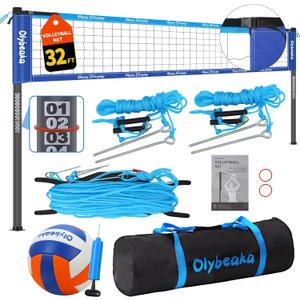 32ft Portable Outdoor Volleyball Net Set for Grass Backyard Beach with 1.25" Height Adjustable Steel Poles, 28-ply Durable PE Net, PU Volleyball & Pump, Carry Bag (Dark Blue + Light Blue, 32ft)