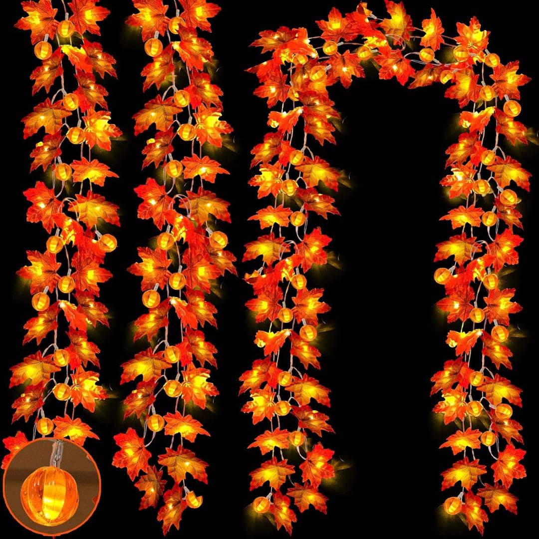 3 Pack&Timer - Thanksgiving Decorations Fall Garland with Pumpkin Lights Thanksgiving Decor for Home, 30Ft 60LED 3D Pumpkin Fall Lights Patented Enlarged Maples Leaf Battery Operated Christmas Decor