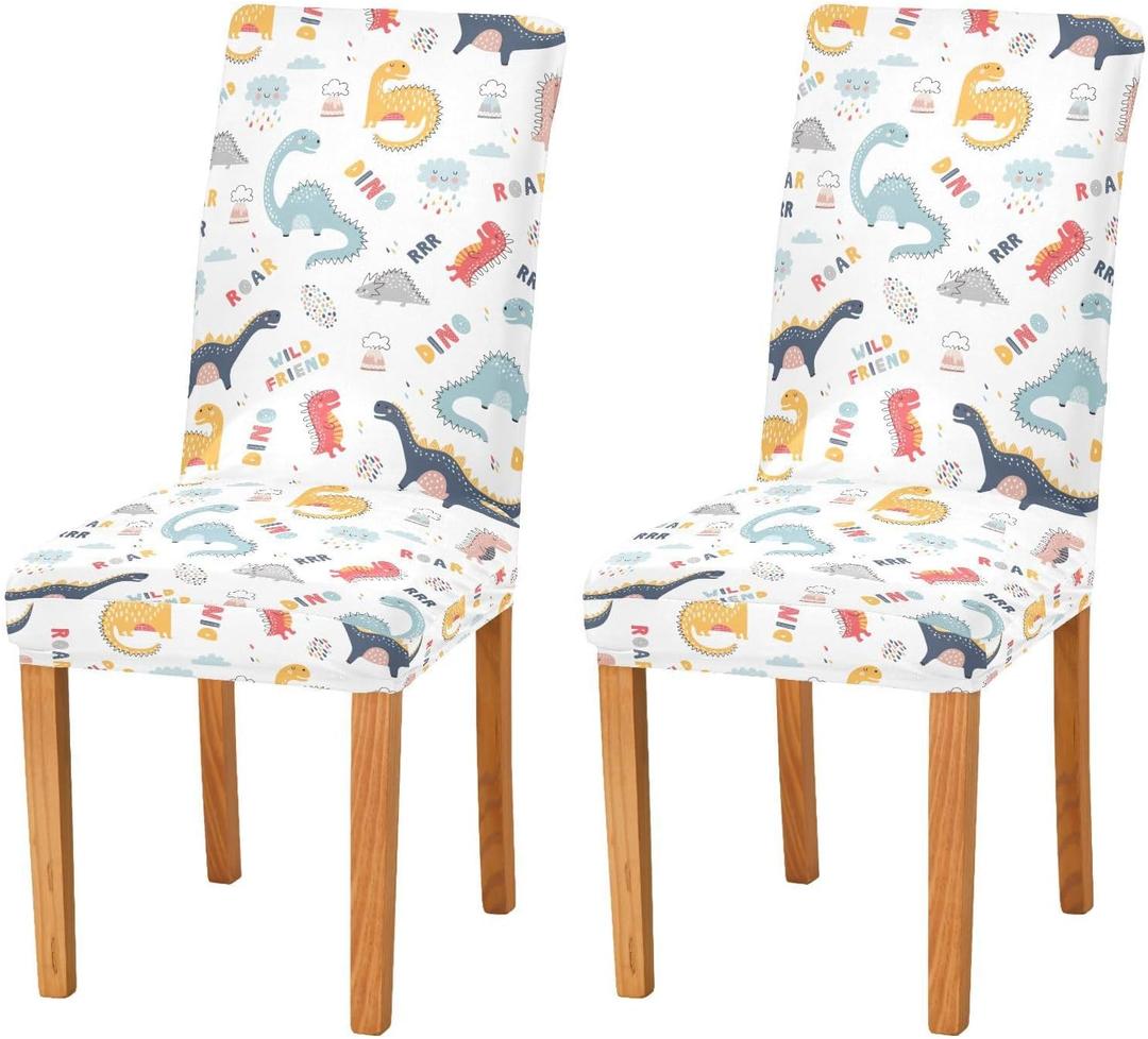 Kigai Cute Funny Kids Dinosaurs Chair Covers Set of 2, Washable Removable Chair Covers Protector for Dining Room,Hotel,Ceremony