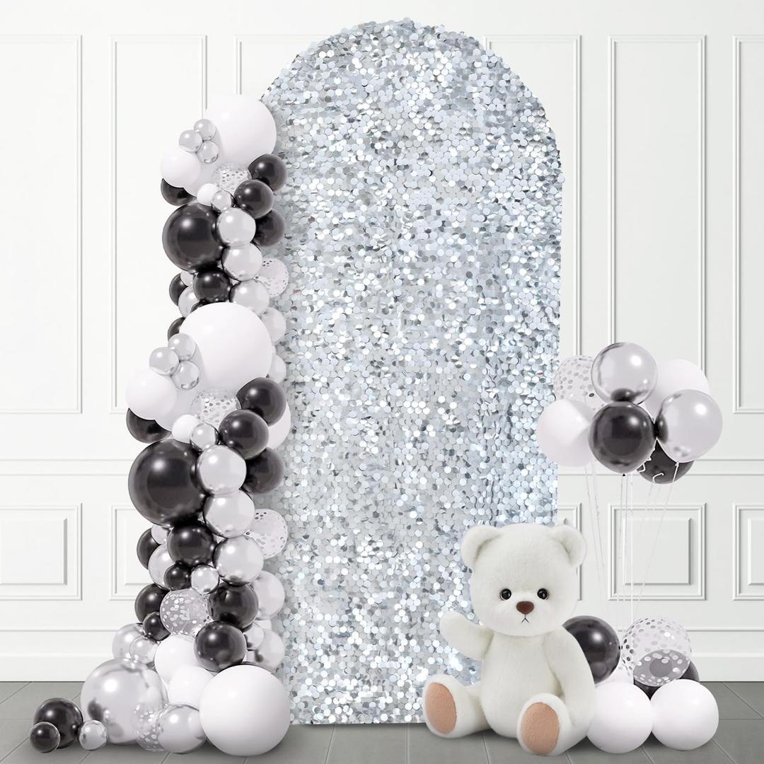 SaitiMade 4 FT Bling Arch Backdrop Cover, Silver Sequin Wedding Arch Stand Cover, Round Top Fitted Chiara Backdrop Cover for Birthday Party Ceremony Baby Shower Banquet Decoration