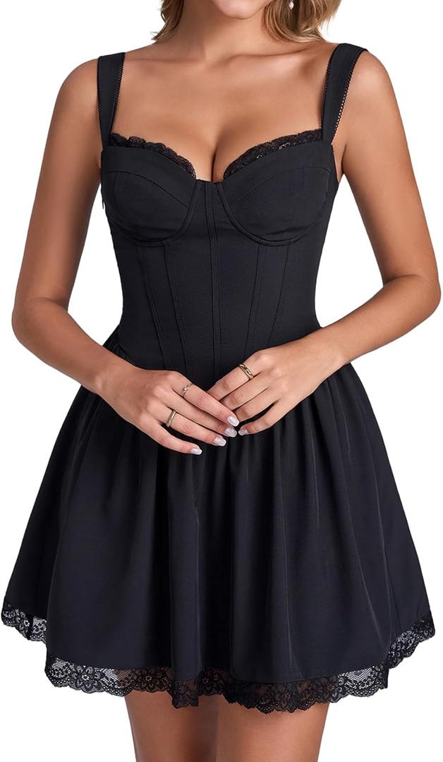 KUTUMAI Lace Floral Corset Graduation Mini Dress Flowy A Line Smocked Cute Short Dresses for Women Summer Sundress 2026, S