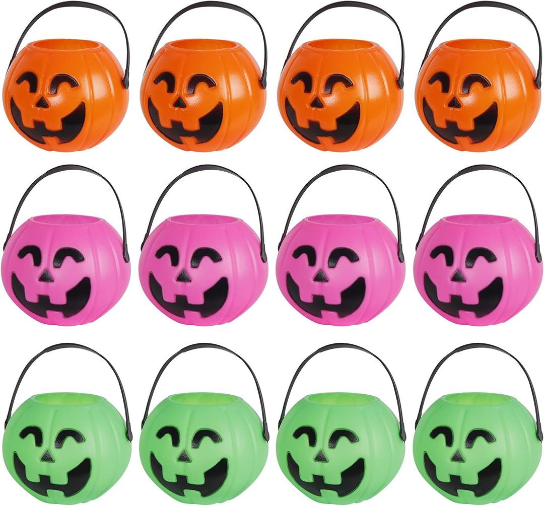 Mini Halloween Pumpkin Bucket Orange & Green & Pink Plastic Halloween Witches Cauldron Kettle Multi-Purposed Novelty Candy Holder Decor for Halloween Party (12 Pack)