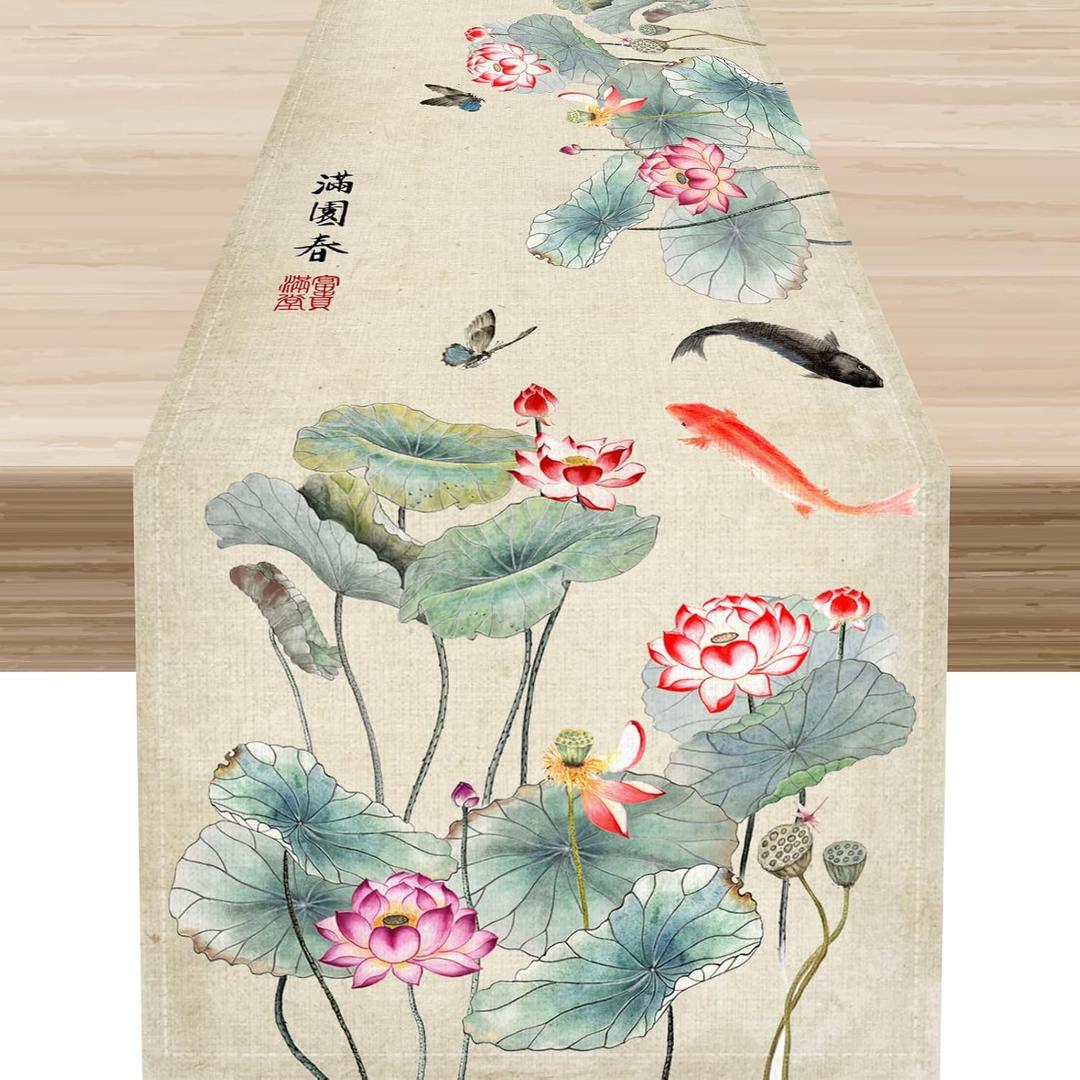 Chinese Table Runner, Traditional Japanese Asian Ink Painting Iotus Flower Koi Butterfly Nature Oriental Vintage Table Center Decor for Family Kitchen Outdoor Holiday Party Table Decorations, 13"x72"