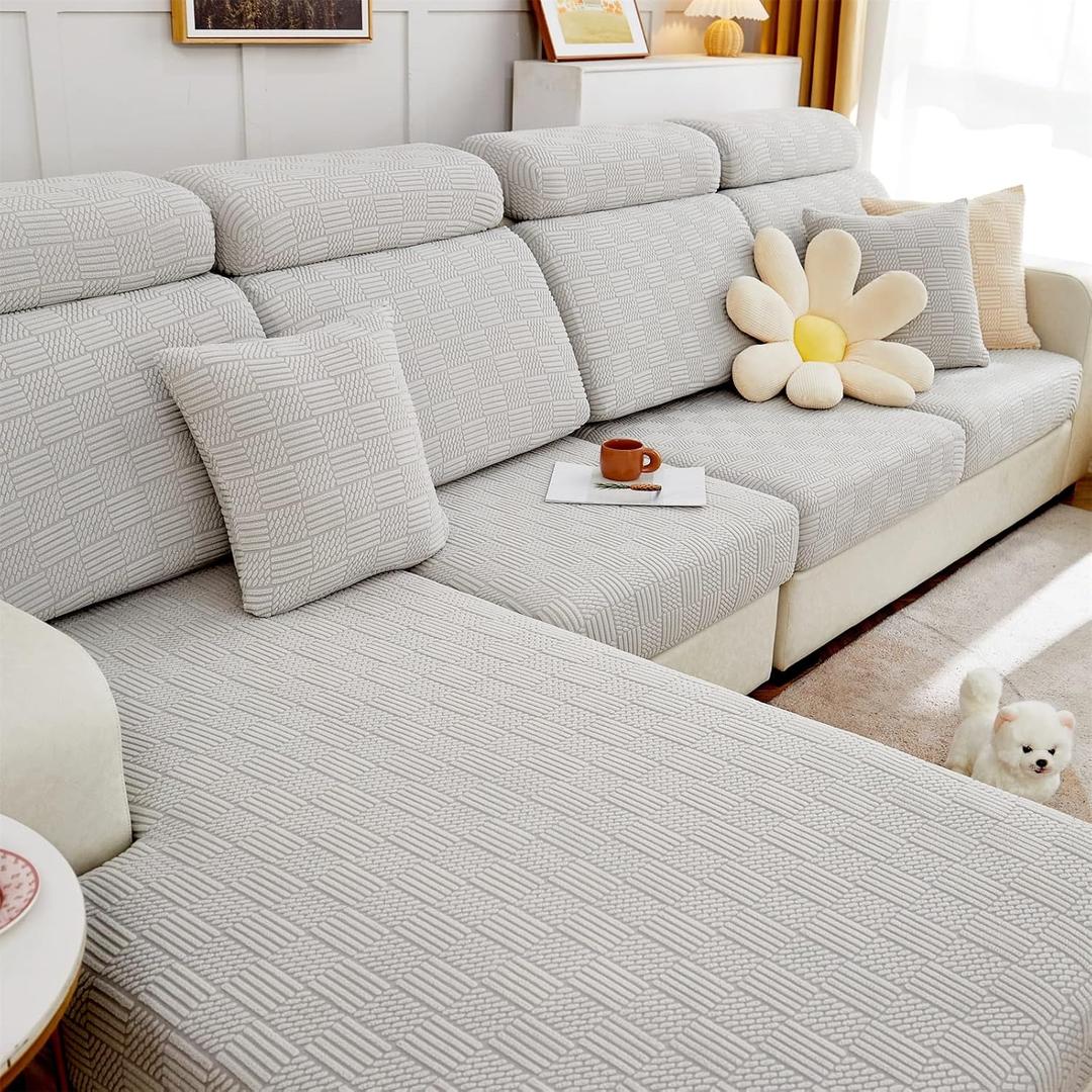 ele ELEOPTION Couch Cushion Covers Slipcover Elastic Chair Loveseat Sofa Furniture Protector Cover for Living Room (Length 39-53inch Width 25-37inch,Large Double Seat Cover) Grey White