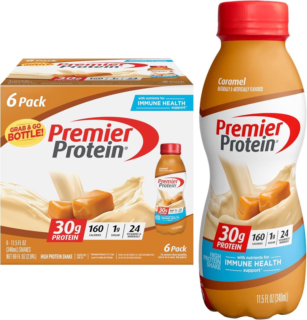 Premier Protein Shake, Caramel, 30g Protein 1g Sugar 24 Vitamins Minerals Nutrients to Support Immune Health, 11.5 fl oz (Pack of 6), BBD 09/24/2025