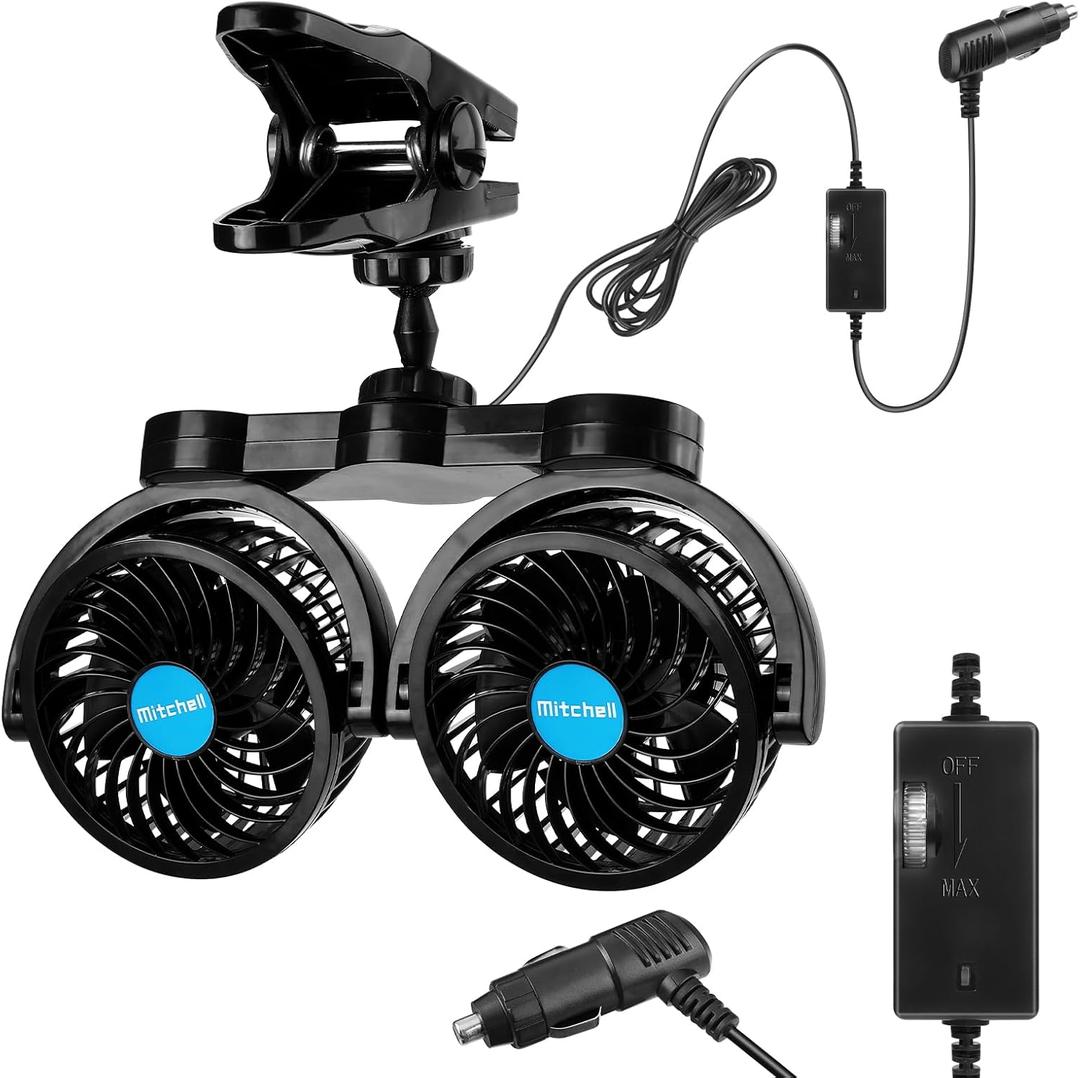 Car Fan 12V, Dual Head 4 Inches Clip-On 360 Rotatable Cooling Fan for Front/Back Seat Passenger, Adjustable Cooler With Stepless Speed Regulation for SUV, RV, VAN, Boat