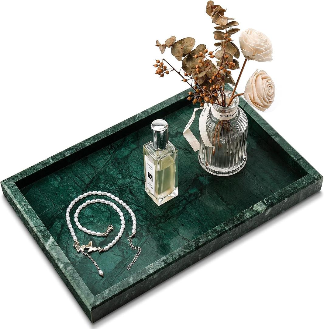 Real Natural Marble Tray for Bathroom, Vanity, Kitchen and Desktop, Rectangle Genuine Marble Stone Tray for Jewelry, Cosmetics, Candles, Lotion, Perfume and Home Decor (12" x 8" x 1.2", Green)