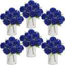 Pre-Made Flower Table Centerpieces, Set of 6 Artificial Silk Chrysanthemum with Farmhouse Metal Vases for Wedding, Birthday Parties, Home, Dining Table Decorations - Royal Blue