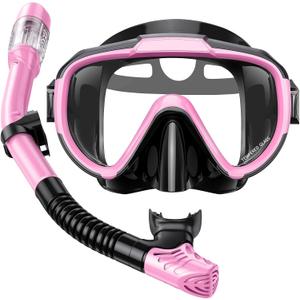 Snorkel Set Adults Snorkeling Gear Anti-Fog Panoramic View Swim Mask Dry Top Snorkel Kit with Carry Bag for Snorkeling Scuba Diving Swimming Travel (Pink+Black)