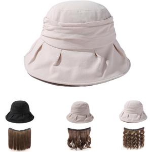Summer Women's Beach Sun Hat, Wide Brim Sun Protection, Lightweight Cotton Hat with Hair Attached via Magic Tape