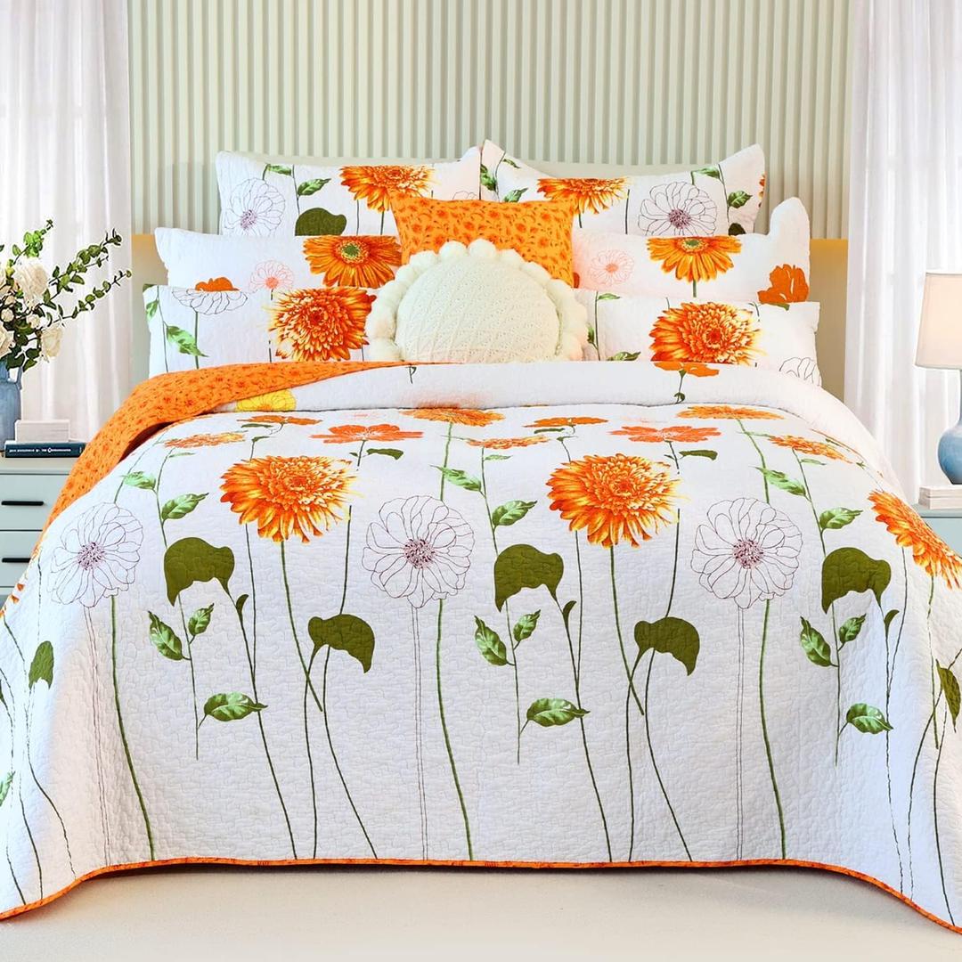 EVENHUG 100% Cotton Quilt King Size Orange Sunflower Bedding Set Floral Lightweight Quilt Reversible Coverlet Bedspread with 2 Pillow Shams All Seasons 3 Pieces (106X96)
