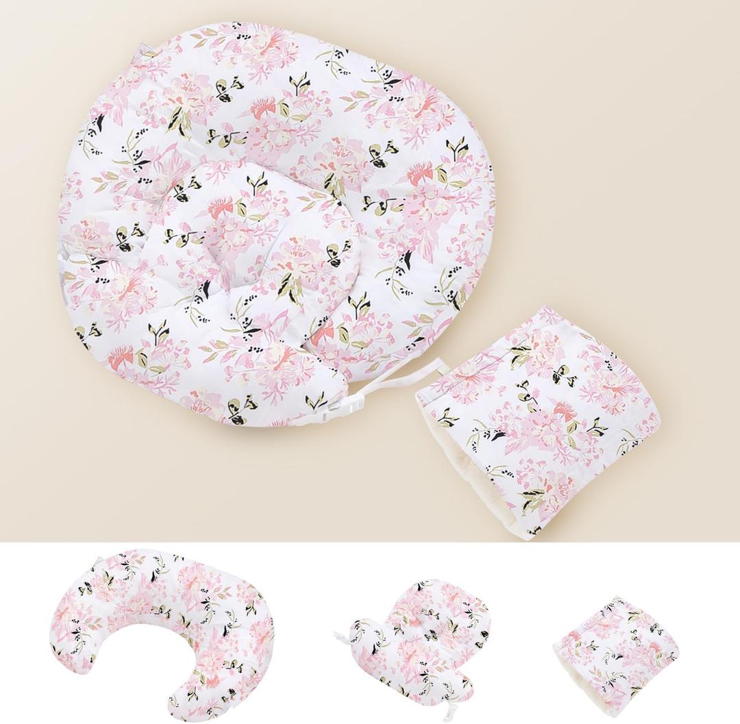 Little Grape Land Nursing Pillow, Multifunctional Breast Feeding Pillow with Arm Pillow, 3pk Baby Support Pillow with Adjustable Waist Strap and Removable Cover, Rose Floral