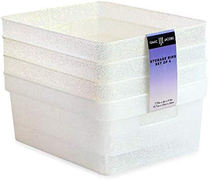 Isaac Jacobs Small Glitter Storage Bin (10” x 7.5” x 4.25”) Set w/Cut-Out Handles, Plastic Organizer, Multi-Functional, Home Storage Solution, Kids Playroom, Bedroom, Closet (4, Iridescent)