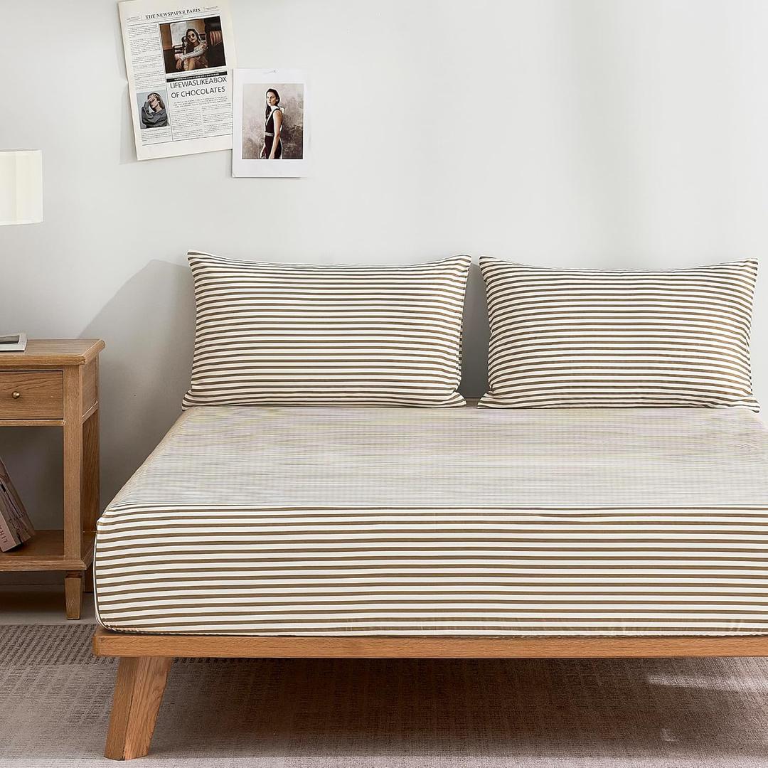 JELLYMONI Fitted Sheet King Size, 100% Cotton Bed Sheets, Soft & Breathable, Deep Pocket with Khaki Stripes (1 Piece), Machine Washable