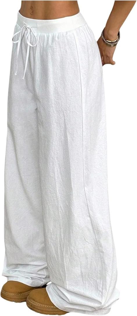 Girl's Wide Leg Casual Pants Elastic High Waisted Long Loose Trousers (White) 11Y