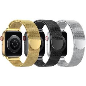 BELONGME 3 Pack Mesh Loop Compatible with Apple Watch Band Women Men 38mm 40mm 41mm 42mm 44mm 45mm 49mm Series Ultra SE 9 8 7 6 5 4 3 2 1, Stainless Steel Metal Strap Magnetic Clasp for iWatch Bands (Gold+Black+Silver)