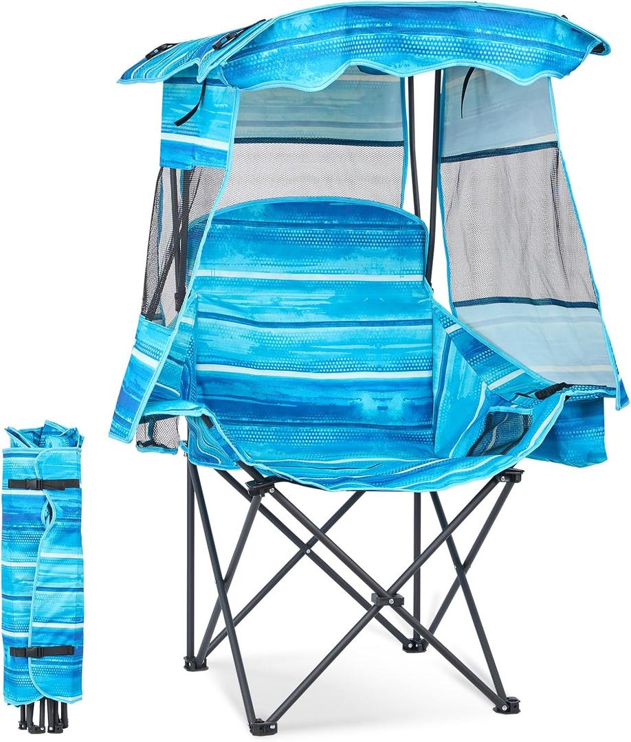 DoCred Beach Chair with Canopy Shade,Portable Folding Camping Chair with Cooler Bag & Cup Holder, Reclining Beach Loungers for Adults Outdoor Camp,Sports,Beach, Tailgates, Fishing
