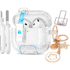 for Airpods 4 Case Shining Clear with Lock&Bling Keychain for Women&Girly,Cute Soft TPU Clear Case Cove for Apple Airpods 4th Generation (2024) with Cleaning Kit,Phone Holder Function