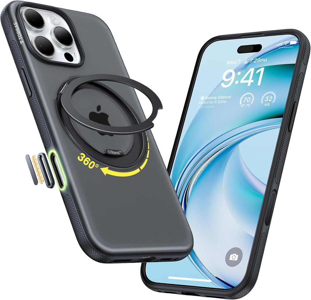 TORRAS 360 Magnetic Stand for iPhone 16 Pro Max Case, [Fit for MagSafe] [Military-Grade Protection] Translucent Slim Case for iPhone 16 Pro Max, Obsidian Black, Ostand O3 Fitness Series
