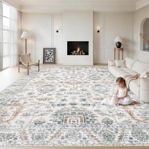 XLUEZ Area Rug 9x12 Living Room Rug, Machine Washable Vintage Distressed Boho Area Rug Non-Slip Soft Low Pile Large Indoor Rugs for Bedroom Kitchen Dining Room Office(Brown Green,9'x12')