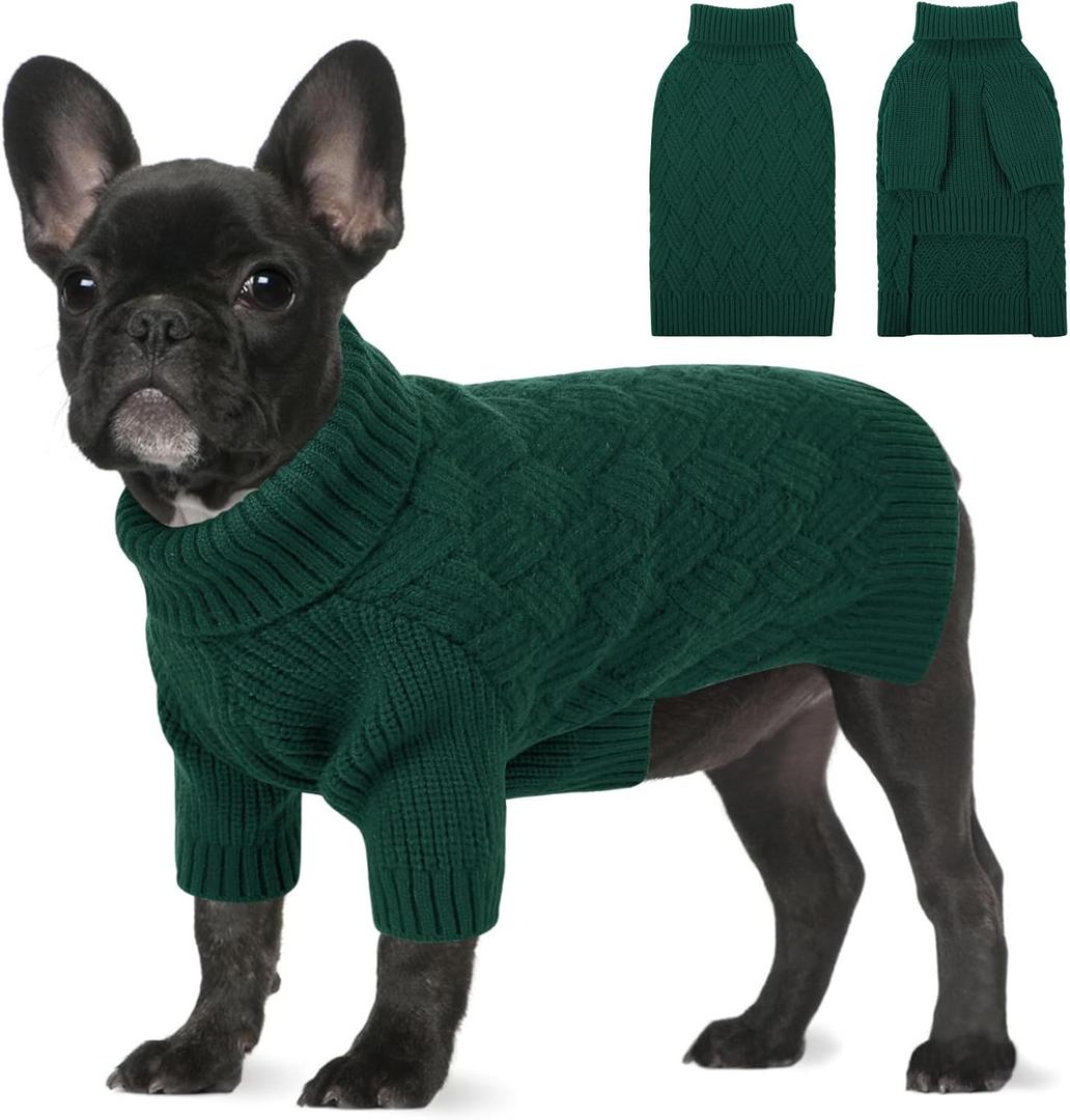 Small Dog Christmas Sweater, Turtleneck Dog Sweater for Cold Weather, Puppy Knitwear Pullover for Christmas Thanksgiving, Pet Winter Knitted Sweatshirt for Pug Dachshund, Green Small